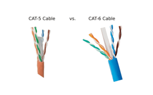 CAT-5 and CAT-6 Ethernet cables with twisted pairs for high-speed data transfer, used in commercial and residential networking, shown in close-up to highlight cable construction and wiring differences for Perth electricians.