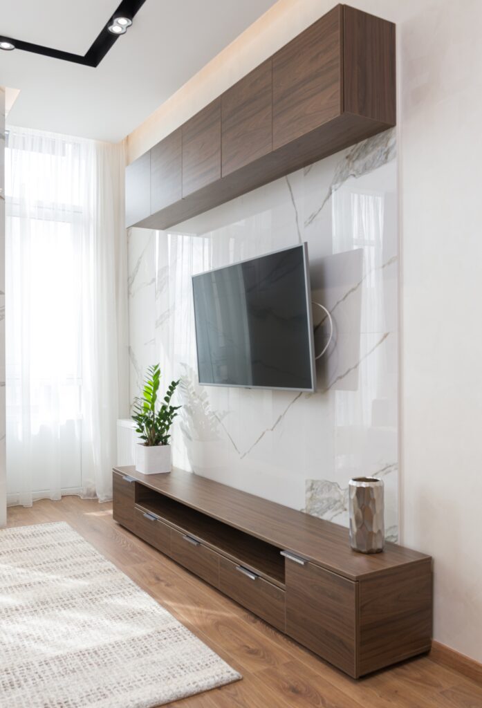 TV mounted to a feature wall