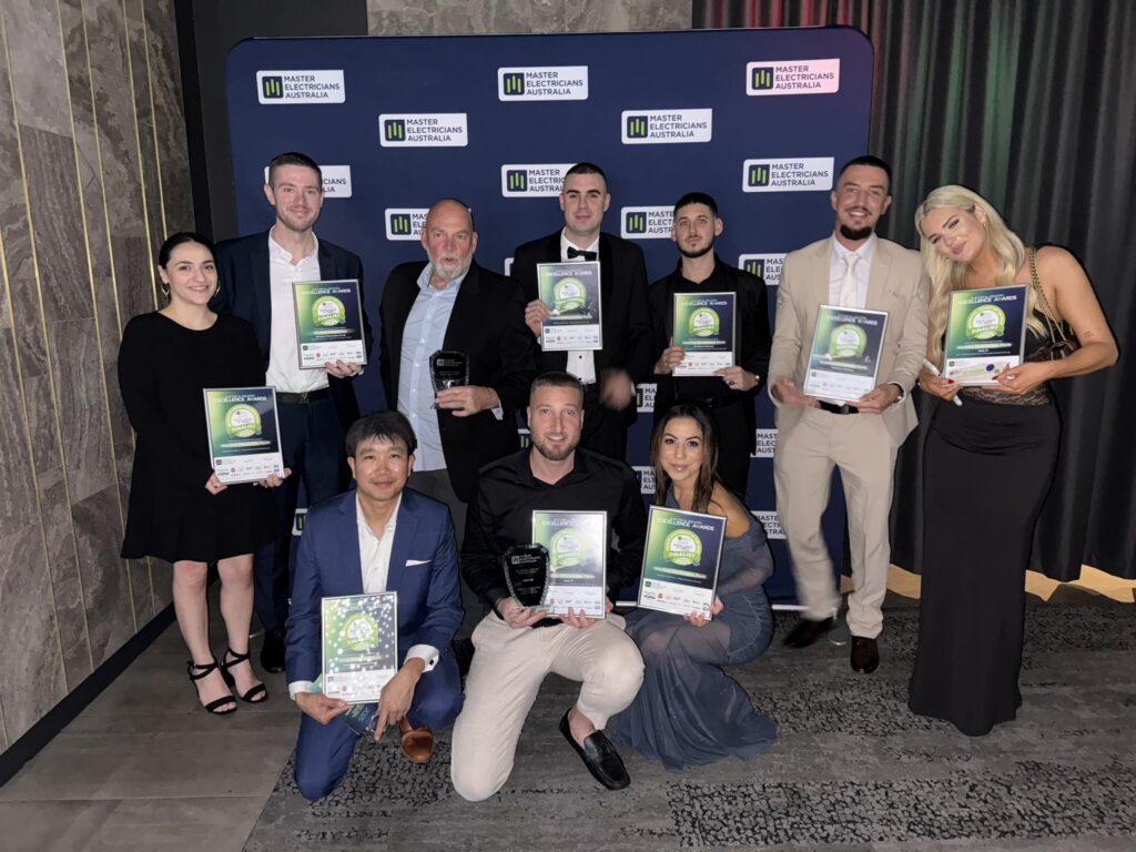 Westline Electricians Perth team celebrating double win at the 2025 Master Electricians Excellence Awards in WA